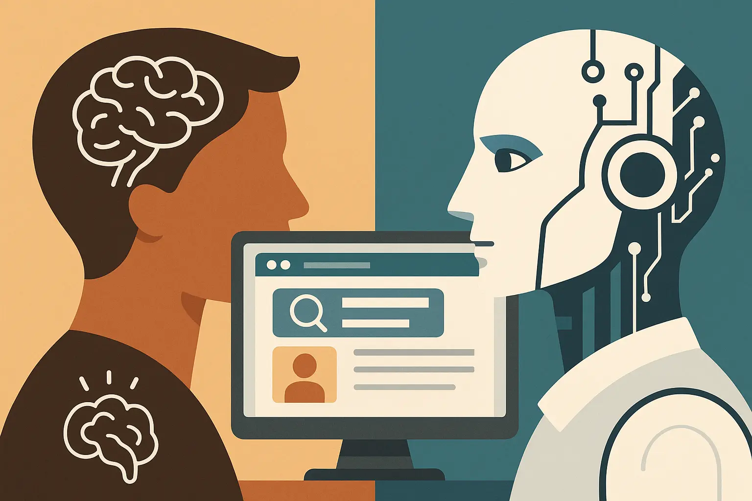 Ilustración de un humano y un robot frente a frente con un currículum en pantalla, simbolizando cómo la inteligencia artificial está transformando la búsqueda de empleo.