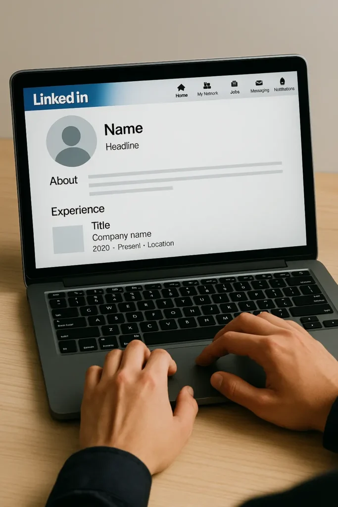 Persona editando su perfil de LinkedIn en un ordenador, con secciones visibles como foto de perfil, titular, "About" y "Experience".