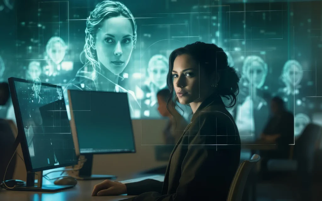 Mujer profesional frente a una computadora, rodeada de proyecciones digitales con rostros, simbolizando el uso de inteligencia artificial en procesos de reclutamiento.