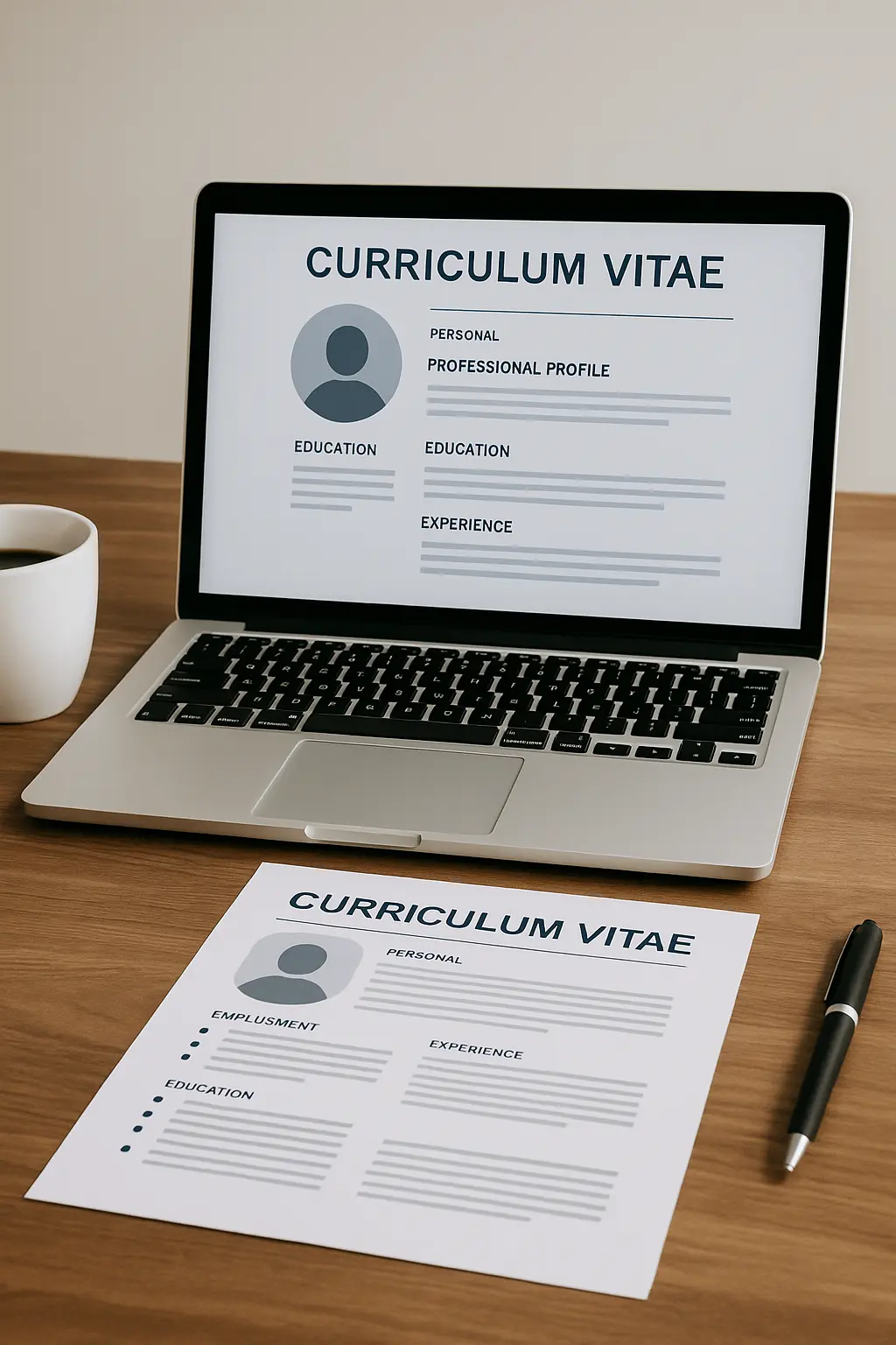 Laptop con un currículum en pantalla y otro en papel sobre un escritorio, representando una presentación profesional efectiva.