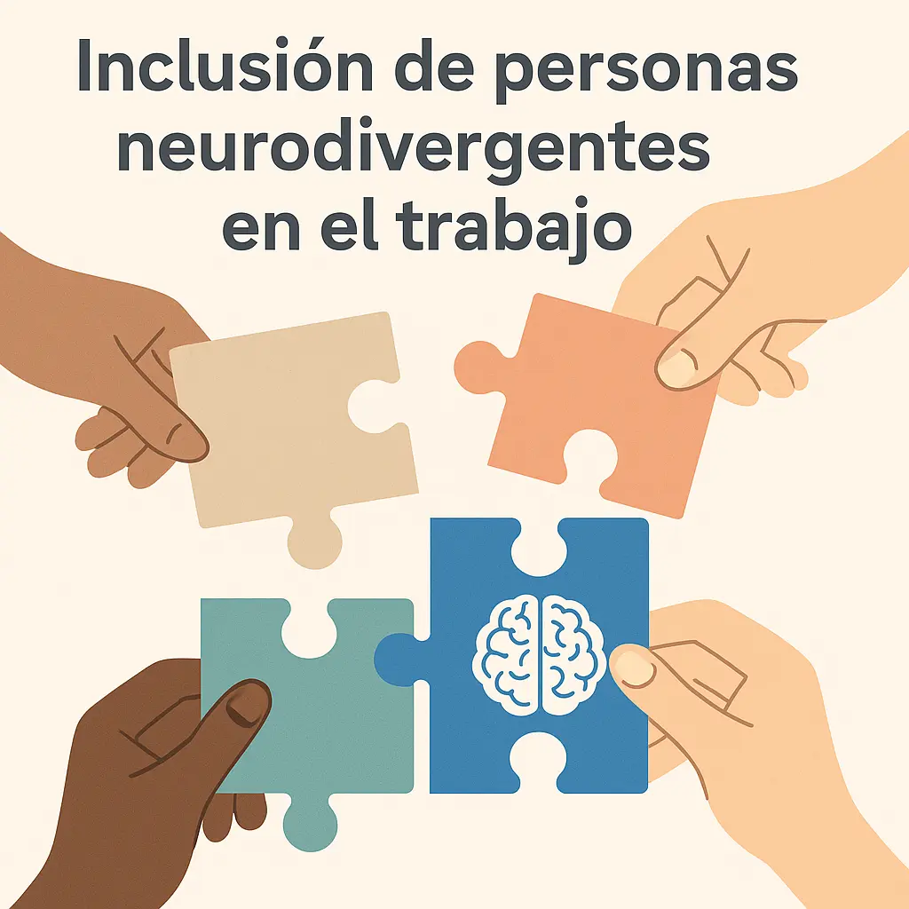Ilustración de cuatro manos, cada una sosteniendo una pieza de rompecabezas, representando la integración de personas neurodivergentes en entornos laborales inclusivos.