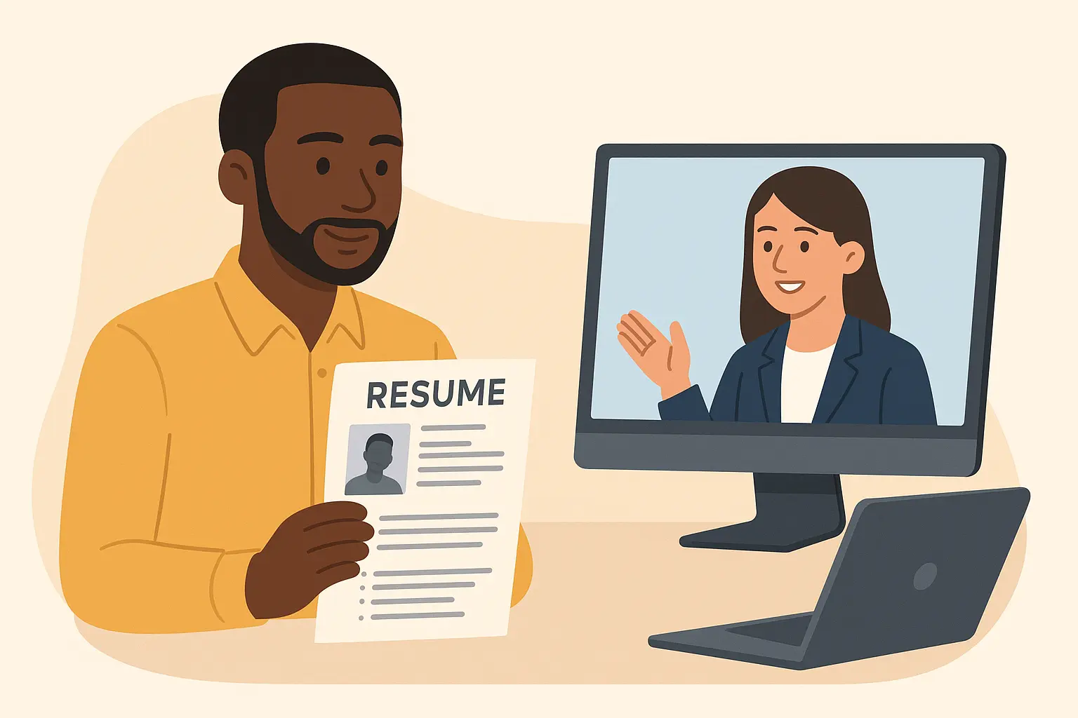 Ilustración de un joven profesional mostrando su currículum en una entrevista online, con una entrevistadora visible en la pantalla.