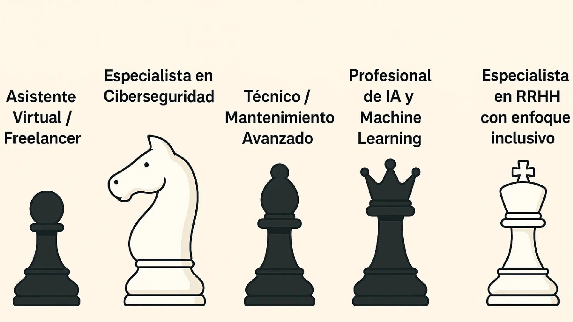 Fichas de ajedrez representando diferentes profesiones, simbolizando las carreras más demandadas en los próximos cinco años.