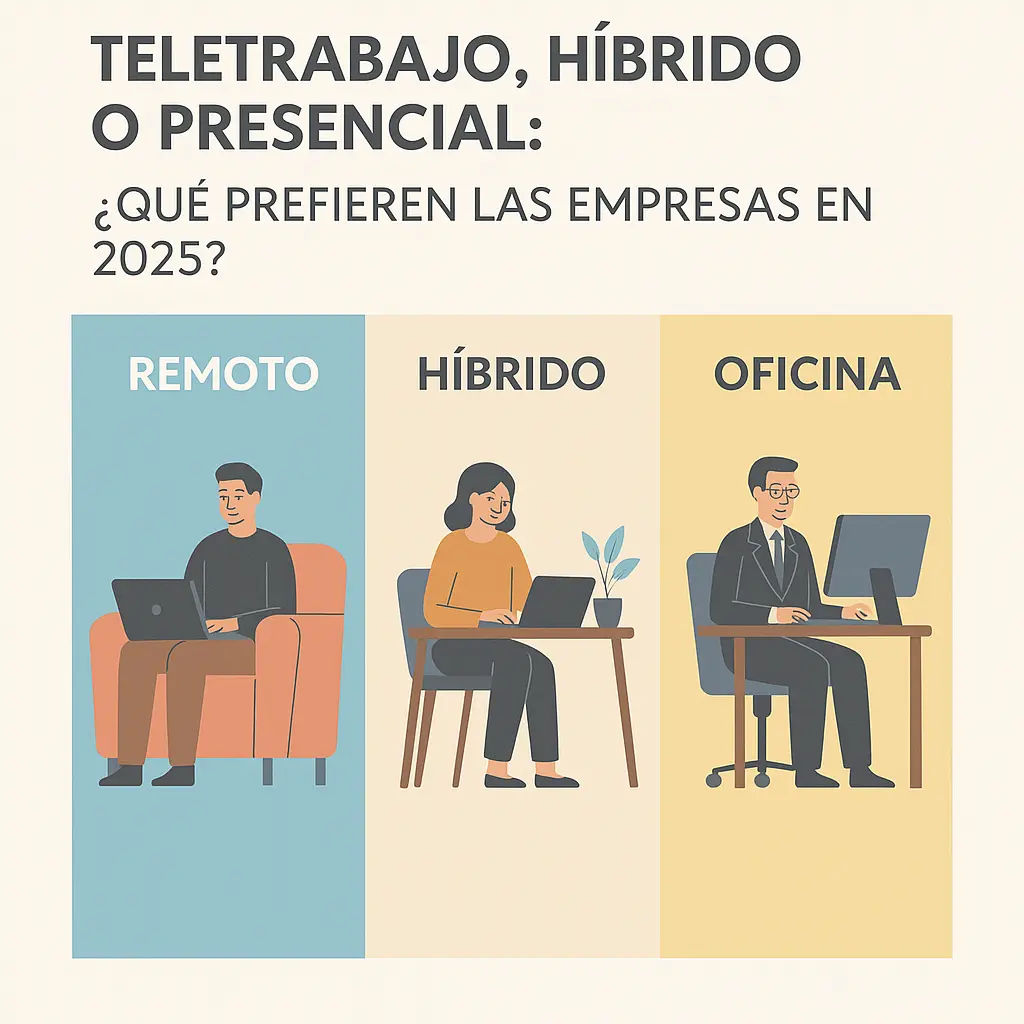 Ilustración comparativa con tres estilos de trabajo: persona en sofá con laptop (remoto), mujer en mesa con laptop (híbrido) y hombre en oficina con ordenador (presencial).