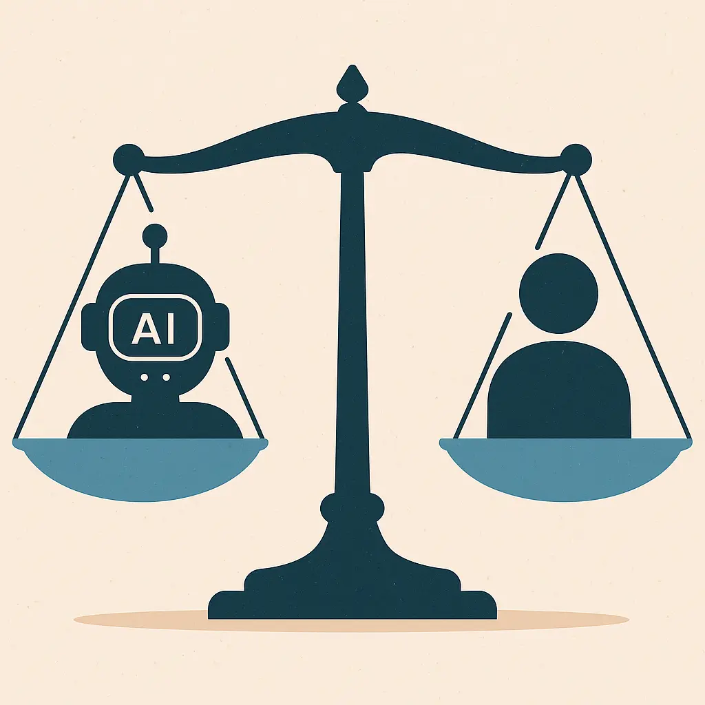 Ilustración de una balanza con un robot representando la inteligencia artificial en un lado y la silueta de una persona en el otro, simbolizando el equilibrio entre tecnología y factor humano en la contratación