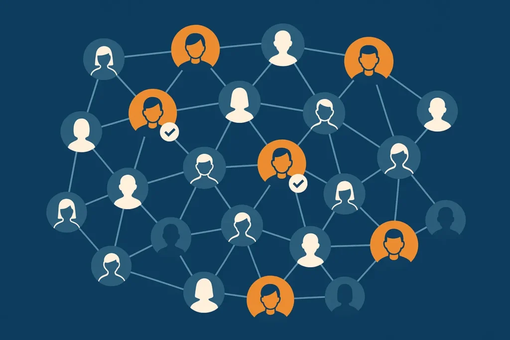 Ilustración de una red de personas conectadas por líneas, donde algunos perfiles están destacados con íconos de verificación para representar coincidencias laborales detectadas por un algoritmo de matching