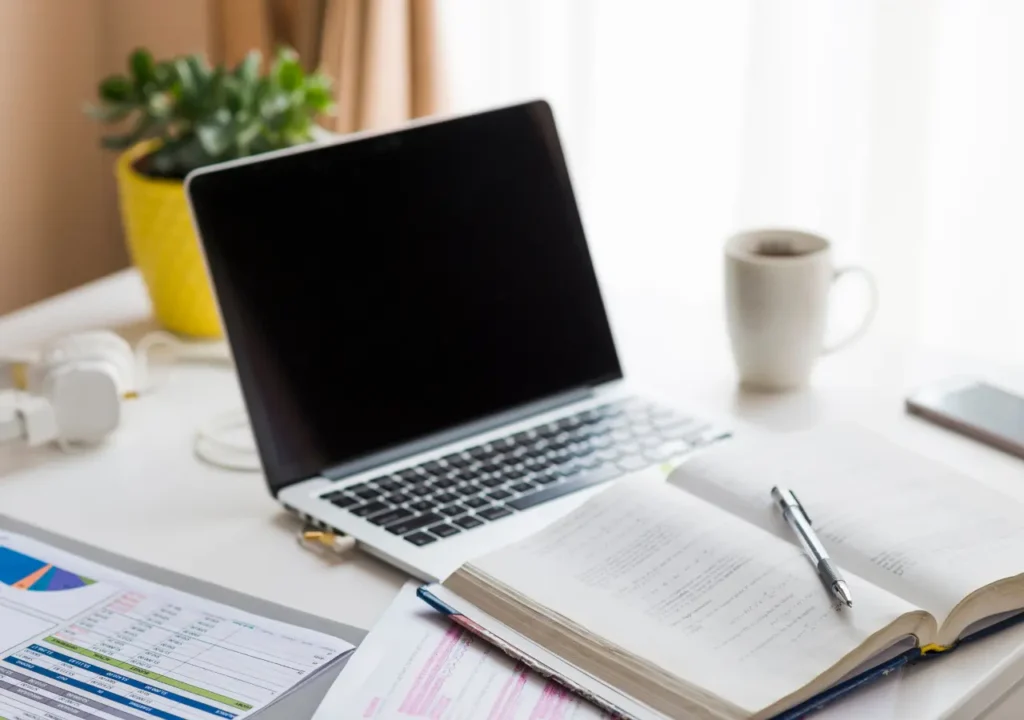 Una mesa con libros, cuadernos y un portátil, que simboliza la combinación de métodos tradicionales y modernos de aprendizaje.