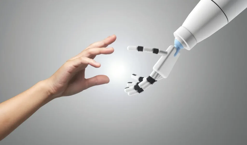 Imagen de un brazo robótico estrechando la mano de una persona, simbolizando la colaboración entre tecnología y seres humanos en el entorno laboral.