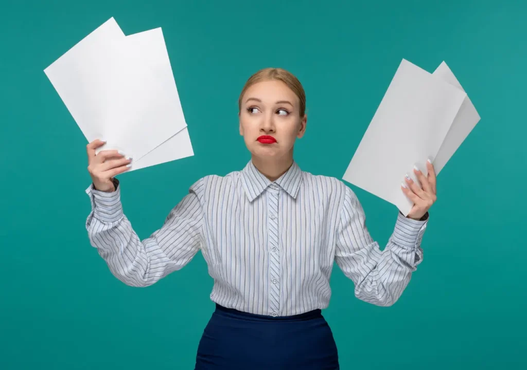 Mujer sosteniendo documentos en ambas manos con gesto de duda, representando la toma de decisiones al evaluar diferentes ofertas laborales