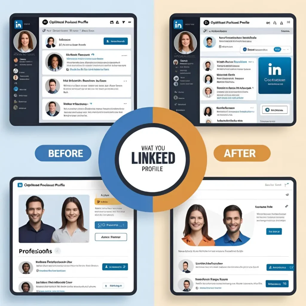 Comparación visual de perfiles de LinkedIn antes y después de ser optimizados, mostrando mejoras en la foto de perfil, redacción profesional, conexiones y presentación general para destacar errores comunes y cómo corregirlos para triunfar en 2025