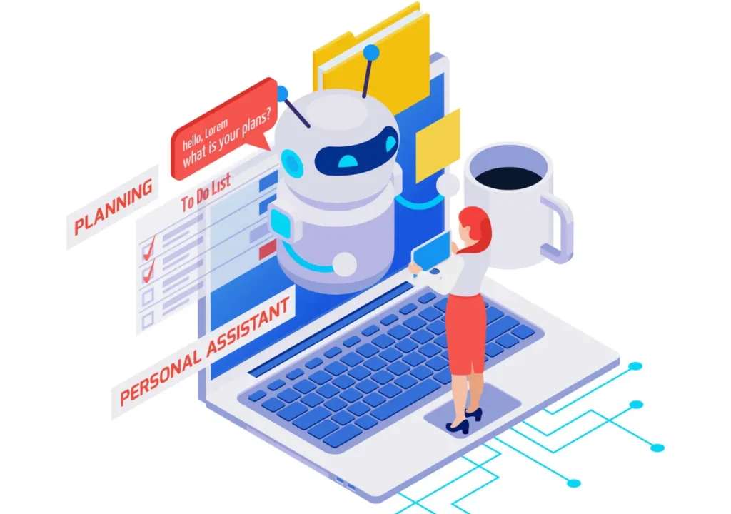 Ilustración de una mujer preparando su CV con la ayuda de un asistente virtual de inteligencia artificial en una laptop, simbolizando cómo superar filtros de IA en procesos de selección.