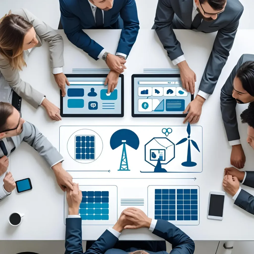 Grupo diverso de profesionales colaborando alrededor de una mesa, utilizando maquetas de energías renovables, pantallas con gráficos digitales y dispositivos con elementos visuales relacionados con inteligencia artificial, representando trabajo multidisciplinario