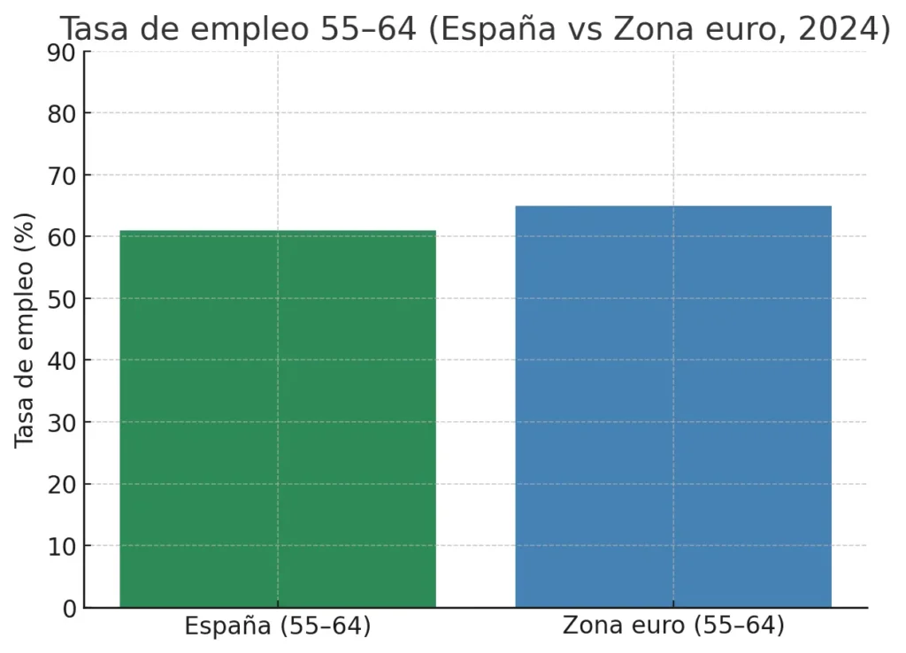 Comparativa tasa de empleo 55–64 España vs zona euro (2024)