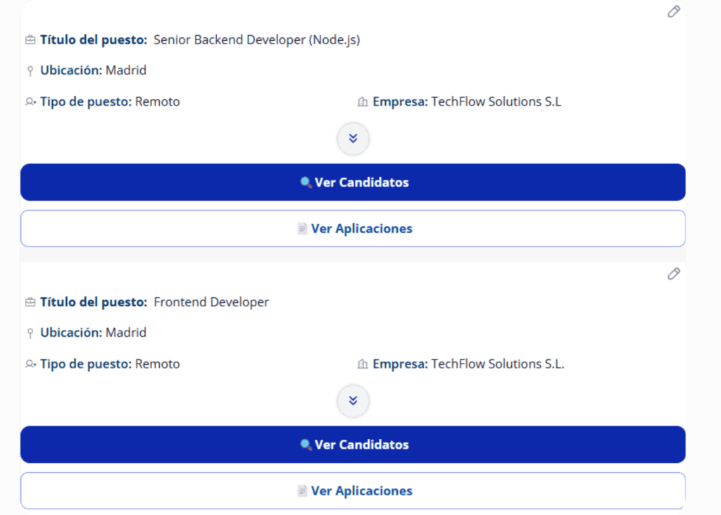 Panel de ofertas con acceso a candidatos y aplicaciones